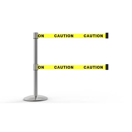 QLine Retractable Dual Belt Barrier, Polished Chrome Post, Yellow Caution